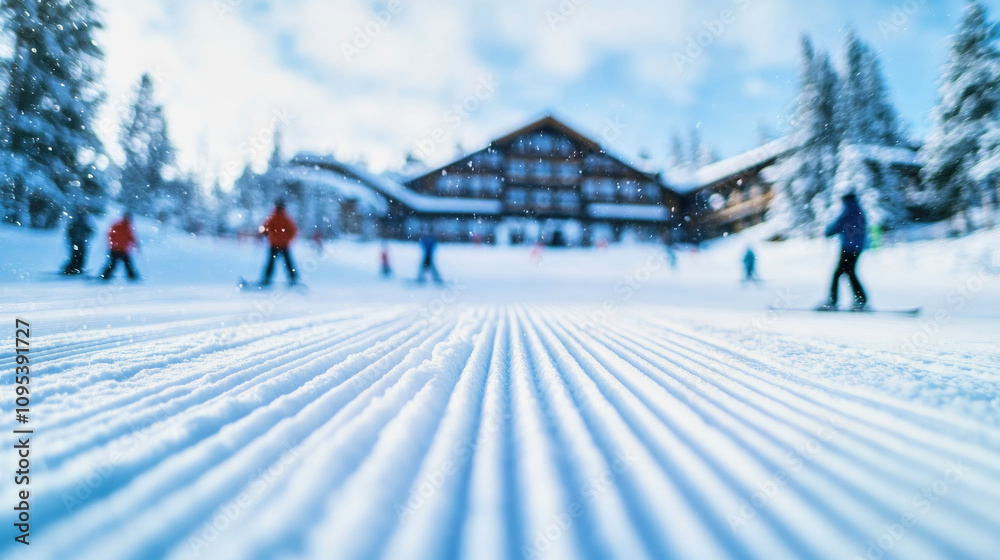 Skiers and snowboarders enjoy a winter day on corduroy slopes at a ski resort lodge Skiers and snowboarders enjoy a winter day on corduroy slopes at a ski resort lodge