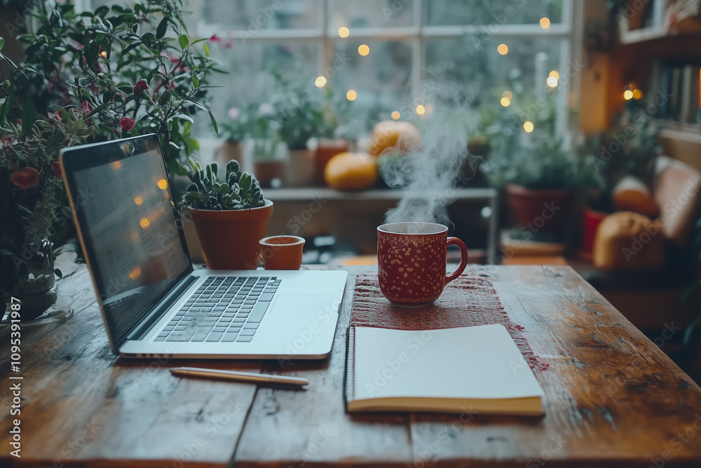 A productive morning captured with an open notebook, pen, and a steaming mug beside a sleek laptop A productive morning captured with an open notebook, pen, and a steaming mug beside a sleek laptop