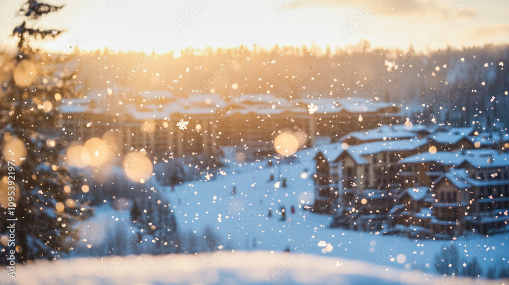 Fototapeta premium Close-up of softly glowing snowflakes in flight above a ski slope at a winter resort