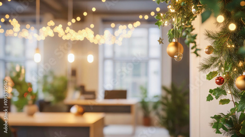 Cozy, festive office decorated for Christmas with warm lights and cheerful ornaments