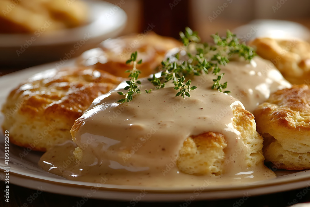 A plate of biscuits served with a rich and savory gravy sauce A plate of biscuits served with a rich and savory gravy sauce