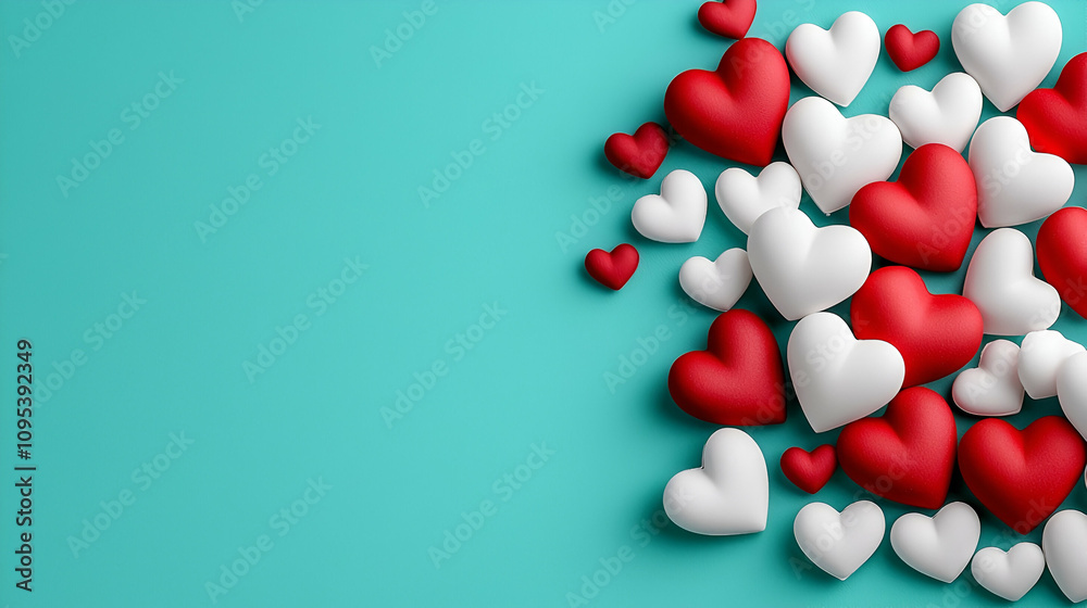 Colorful arrangement of red and white hearts on a turquoise background, symbolizing love and affection. Colorful arrangement of red and white hearts on a turquoise background, symbolizing love and affection.