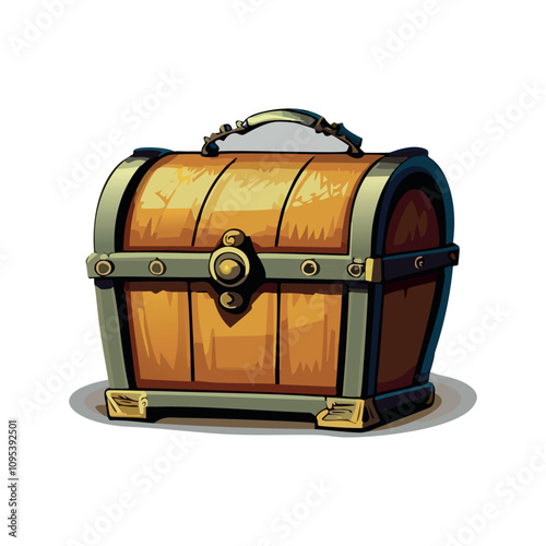 Treasure Chest Illustration - Wooden Cartoon Style Box with Metal Details