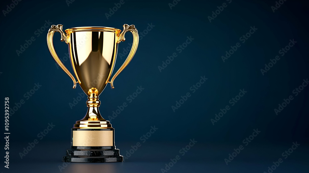 A shiny gold trophy on a dark blue background symbolizes achievement and success, perfect for celebrating victories. A shiny gold trophy on a dark blue background symbolizes achievement and success, perfect for celebrating victories.