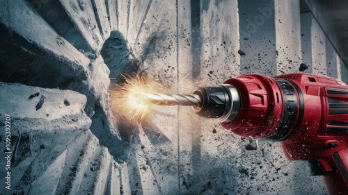 Power Drill Breaking Through Concrete: A powerful image of a red drill bit tearing through concrete with sparks flying, symbolizing determination, strength, and overcoming obstacles.   photo