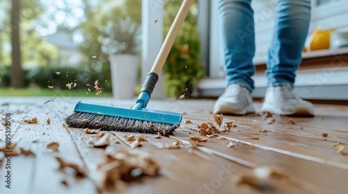 An individual uses a blue broom to sweep scattered leaves on a wooden deck outside, under a clear sky, capturing the essence of outdoor cleanliness. photo