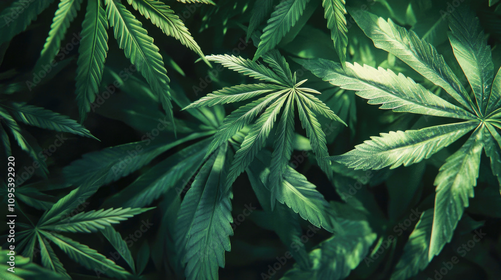 Dynamic lighting enhances the richness of hemp leaves in lush green arrangement Dynamic lighting enhances the richness of hemp leaves in lush green arrangement