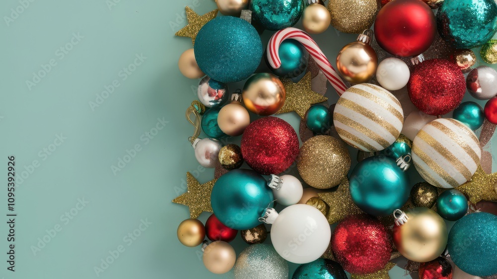 Bunch of Christmas ornaments are on a green background Bunch of Christmas ornaments are on a green background