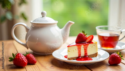 Teapot, a cup of tea and a piece of cheesecake on a plate are on a wooden table.