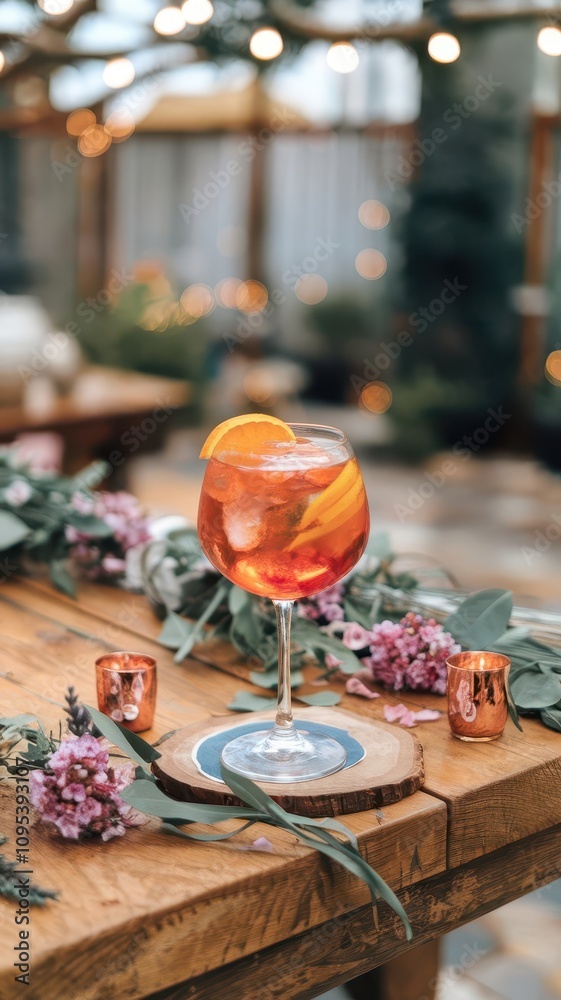 Glass of wine with an orange slice in it sits on a coaster Glass of wine with an orange slice in it sits on a coaster