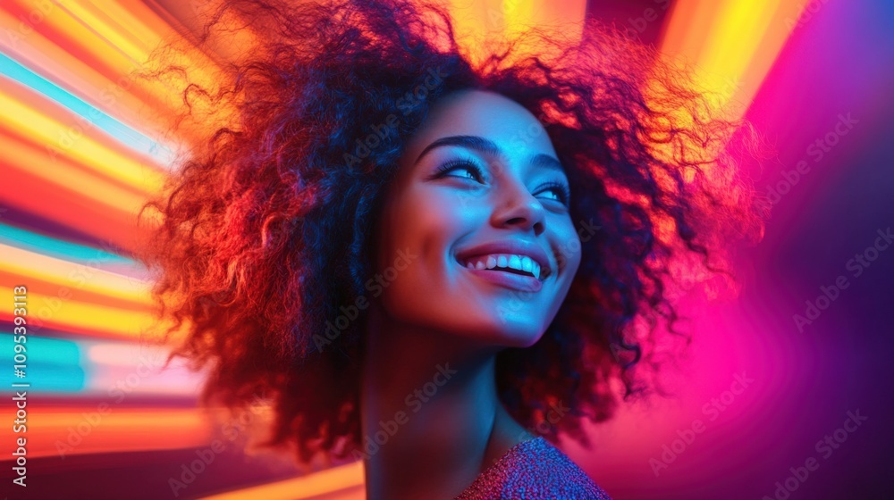 Fototapeta premium Vibrant Portrait of Smiling Woman with Colorful Neon Lights