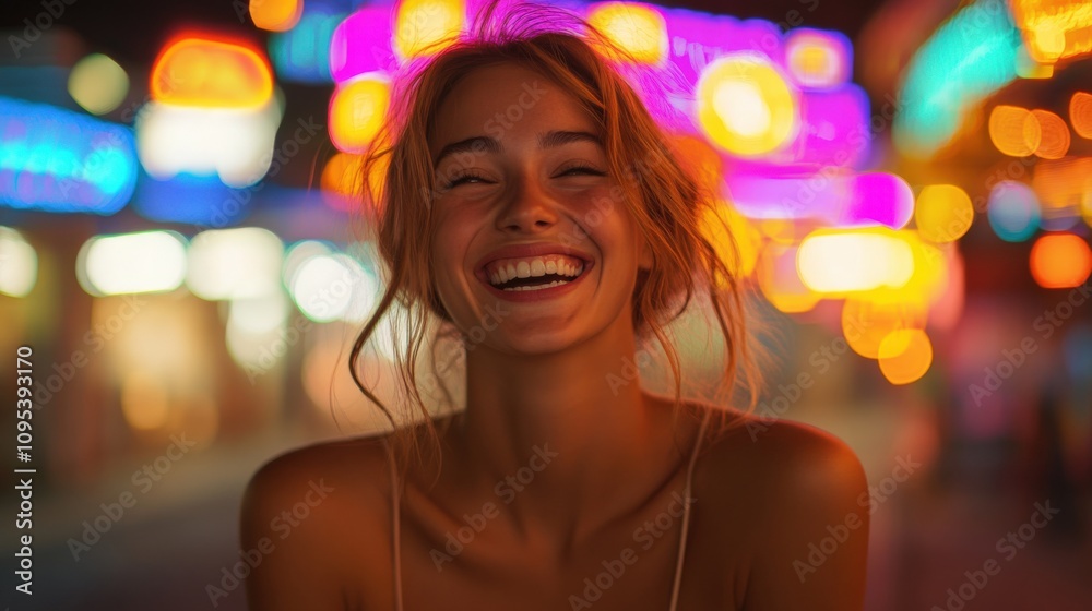 Joyful Woman Smiling in a Neon-Lit Urban Setting at Night Joyful Woman Smiling in a Neon-Lit Urban Setting at Night