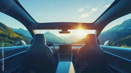 High-end car interior with panoramic sunroof and mountain views during sunset
