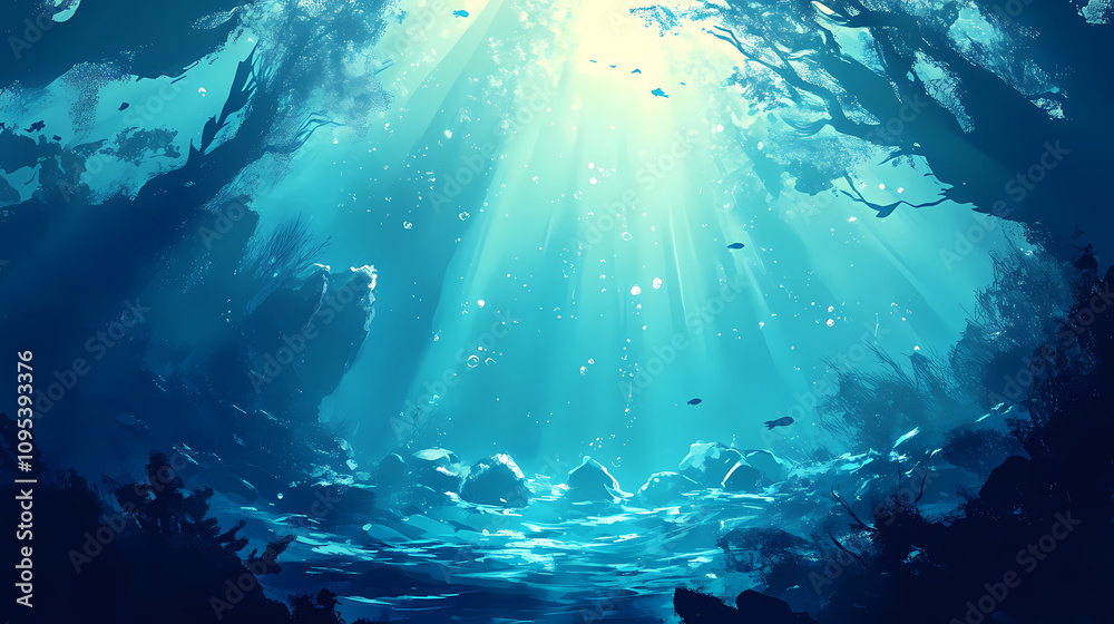 Naklejka premium Underwater scene with rays of light and sun, underwater blue sea water with sunlight background landscape, banner. Deep Ocean Abyss. Illustration