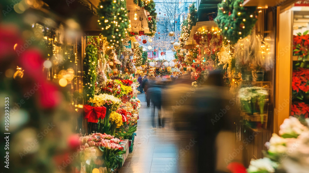 Busy flower shop during the holiday season with festive decorations and vibrant displays Busy flower shop during the holiday season with festive decorations and vibrant displays