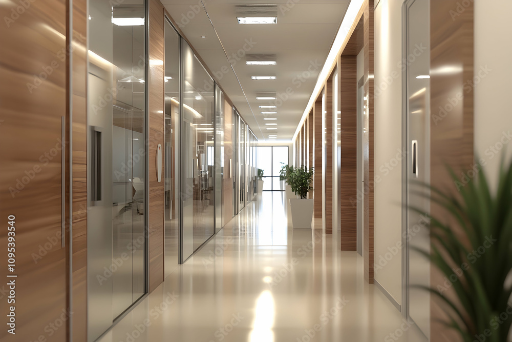 Fototapeta premium Long modern office corridor with sleek design and defocused background for presentation themes. high quality image