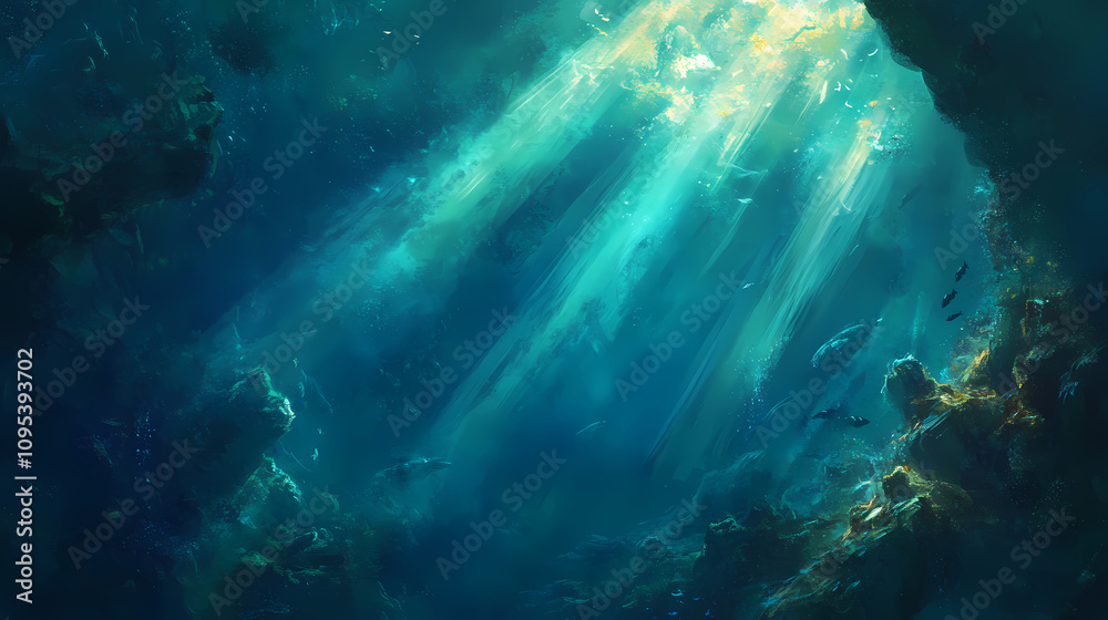 Obraz premium Ocean depths - light beams. Deep Ocean Abyss. Illustration