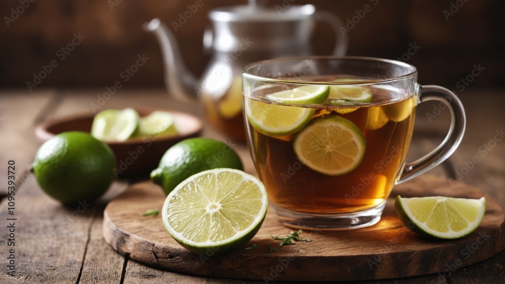 Refreshing herbal tea with lime slices on a rustic wooden table setting in a cozy atmosphere Refreshing herbal tea with lime slices on a rustic wooden table setting in a cozy atmosphere