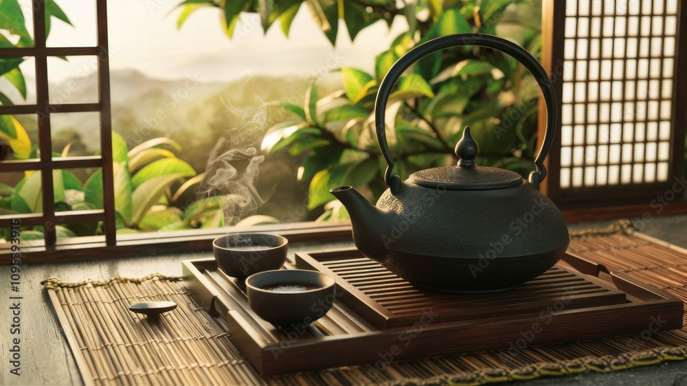 Zen Tea Ceremony: A black cast iron teapot sits on a wooden tray with two teacups, surrounded by a peaceful and tranquil scene with a window overlooking lush green foliage. Zen Tea Ceremony: A black cast iron teapot sits on a wooden tray with two teacups, surrounded by a peaceful and tranquil scene with a window overlooking lush green foliage.