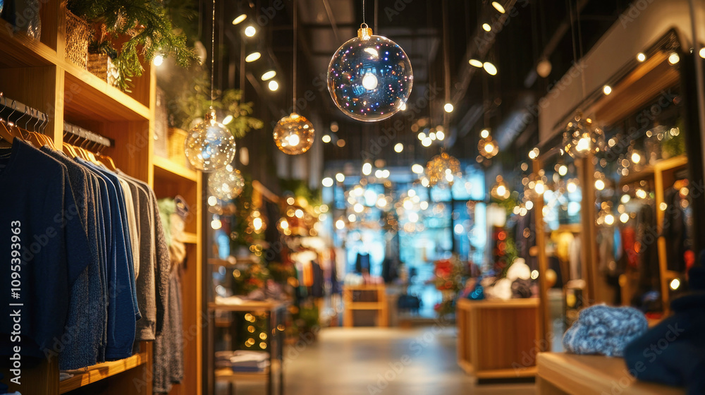 Warm holiday ambiance in a clothing store with festive decorations and glowing lights Warm holiday ambiance in a clothing store with festive decorations and glowing lights