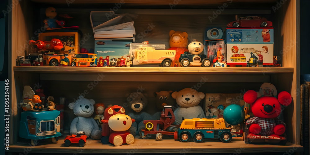 Obraz premium Nostalgic childhood toys arranged on a wooden shelf under soft lighting. high quality image