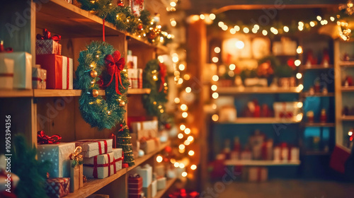 Cozy Christmas gift store adorned with glowing wreaths and wrapped presents