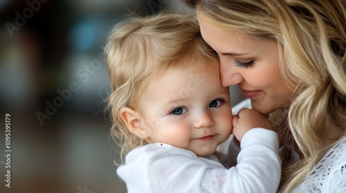 A comforting mother cuddles her adorable child, both dressed in soft white attire, embodying love, kindness, and the gentle connection of the mother-child relationship.