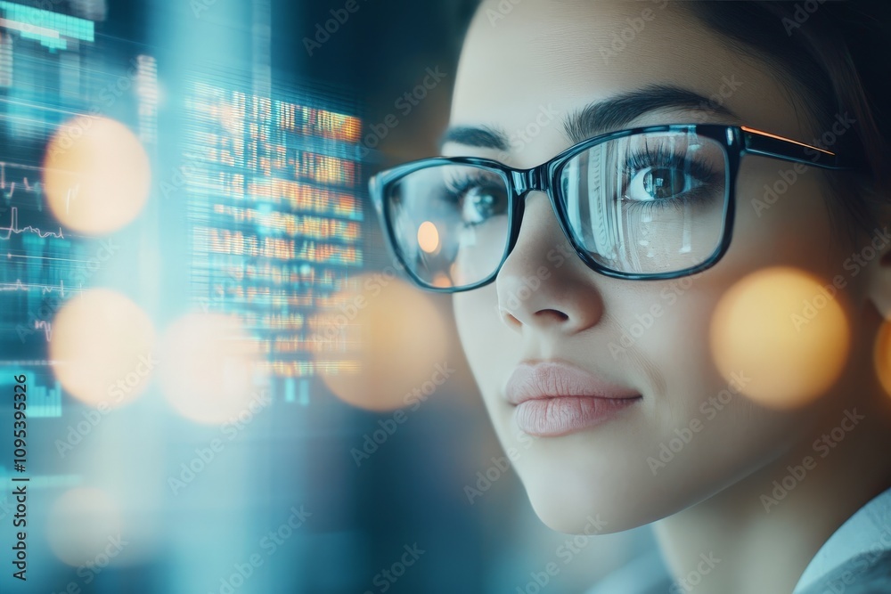 A woman wearing glasses intently analyzes digital data displayed on a transparent screen, representing focus and technological engagement in a workplace setting. A woman wearing glasses intently analyzes digital data displayed on a transparent screen, representing focus and technological engagement in a workplace setting.