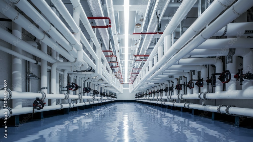 Fototapeta premium Industrial Pipe Network: A long, straight corridor lined with rows of intricate white pipes and valves, reflecting the cool, clean light of overhead fixtures.