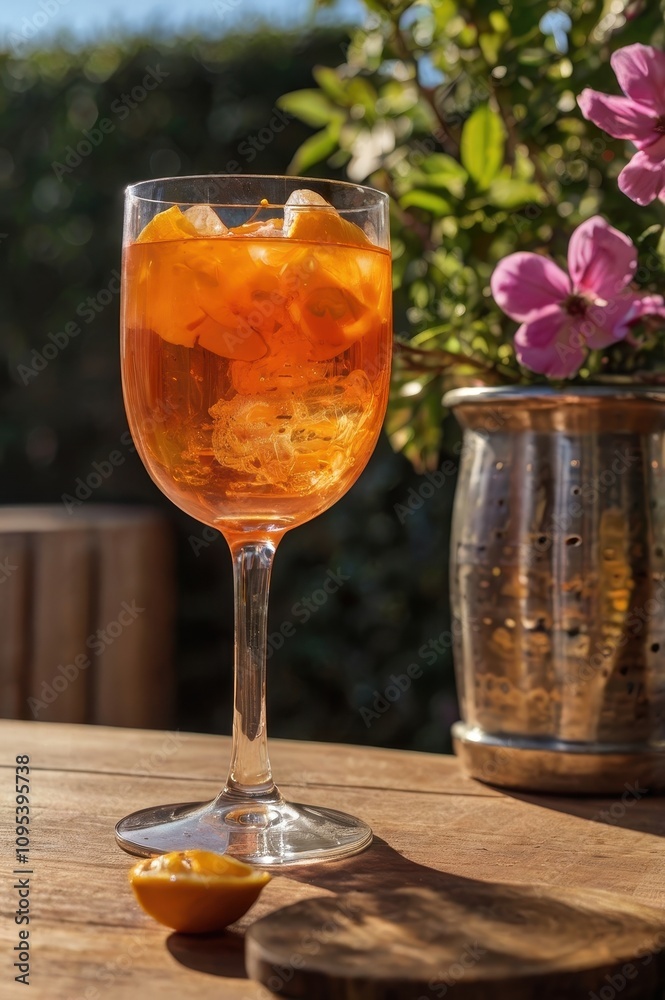 Glass of orange juice with ice cubes in it