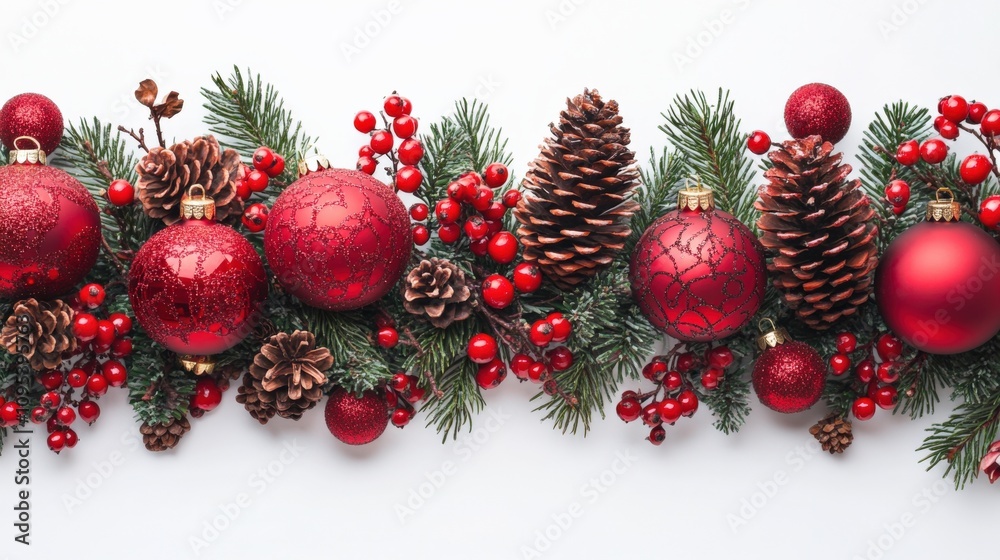 Festive Holiday Arrangement with Red Ornaments and Pine Cones Festive Holiday Arrangement with Red Ornaments and Pine Cones
