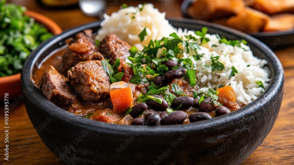 Delicious feijoada stew, a Brazilian dish of pork and black beans, beautifully served with rice in a rustic black bowl, bringing cultural richness to the table. Delicious feijoada stew, a Brazilian dish of pork and black beans, beautifully served with rice in a rustic black bowl, bringing cultural richness to the table.