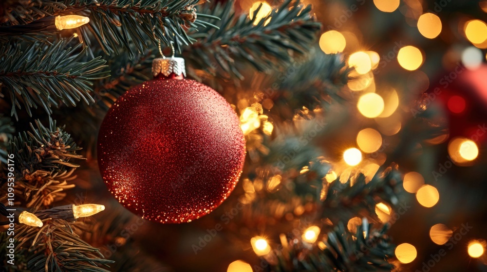 Festive Red Christmas Ornament on Evergreen Branches with Bokeh Lights Festive Red Christmas Ornament on Evergreen Branches with Bokeh Lights