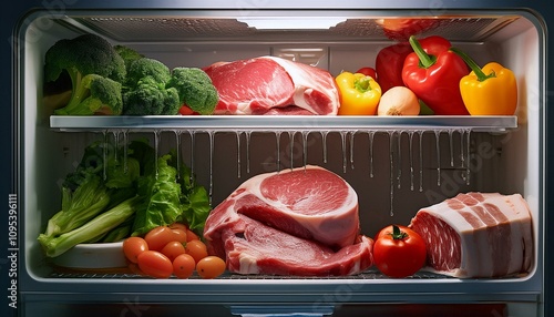 A refrigerator with raw meat stored improperly on a high shelf, dripping onto vegetables below, highlighting food safety hazards and improper storage. photo