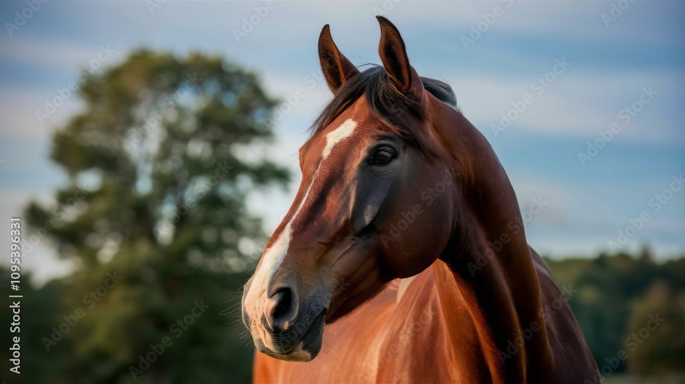Horse Portrait in a Rustic Meadow: A majestic chestnut horse with a striking white blaze stands proudly in a verdant meadow, bathed in the soft glow of a golden hour sky. Horse Portrait in a Rustic Meadow: A majestic chestnut horse with a striking white blaze stands proudly in a verdant meadow, bathed in the soft glow of a golden hour sky.