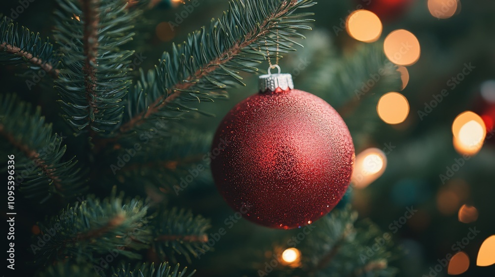 Sparkling Red Christmas Ornament on Evergreen Tree Sparkling Red Christmas Ornament on Evergreen Tree