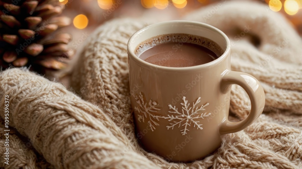 Mug of hot chocolate is sitting on a blanket Mug of hot chocolate is sitting on a blanket