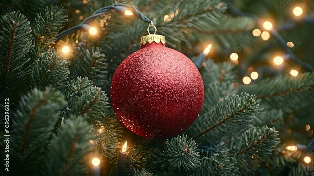 Fototapeta premium Glittering Red Christmas Ornament Hanging on Evergreen Branches