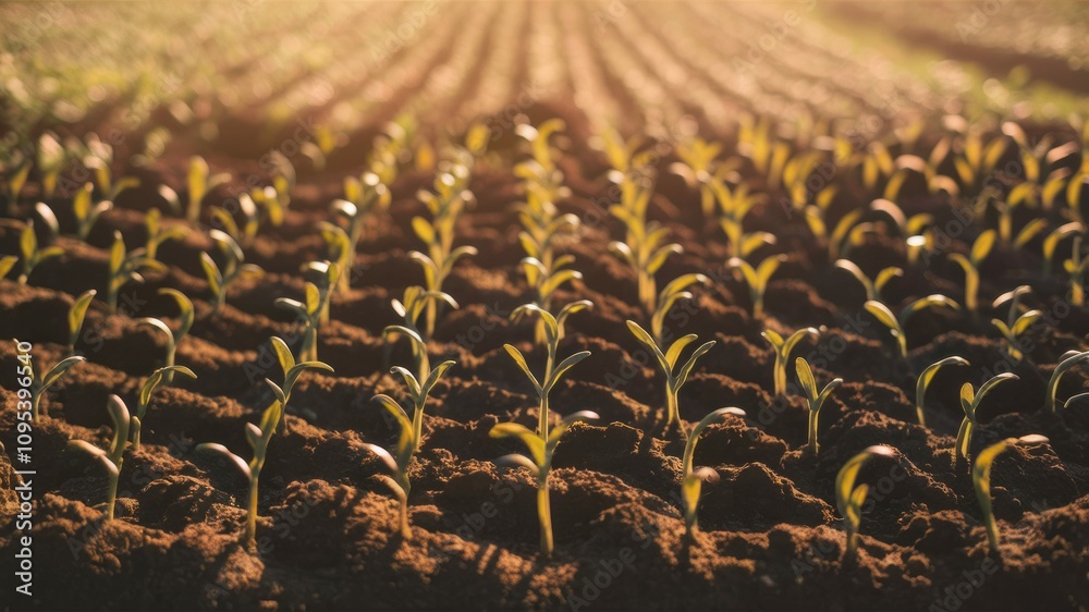 Fototapeta premium Golden Hour Growth: Rows of vibrant young plants emerge from rich soil, bathed in the warm glow of sunrise, symbolizing new beginnings, growth, and the promise of a bountiful harvest. 