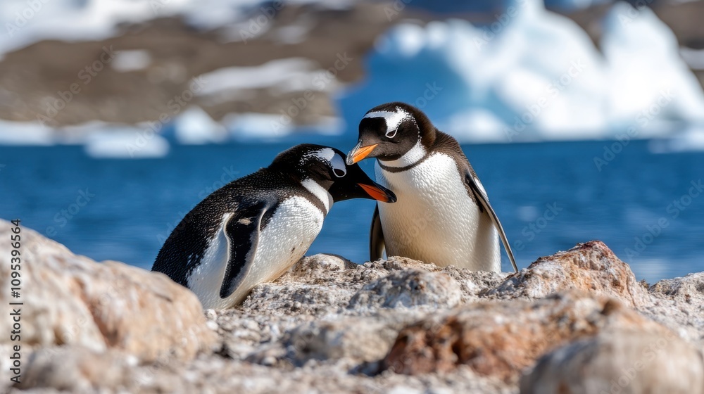 Naklejka premium Two penguins engage in a gentle interaction beside rocky and icy waters, capturing a tender moment in the frigid and majestic Antarctic environment.