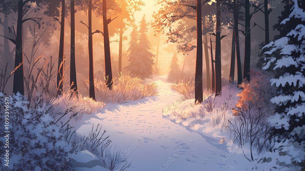 Snowy forest path at sunrise. Frosted Morning Path. Illustration Snowy forest path at sunrise. Frosted Morning Path. Illustration