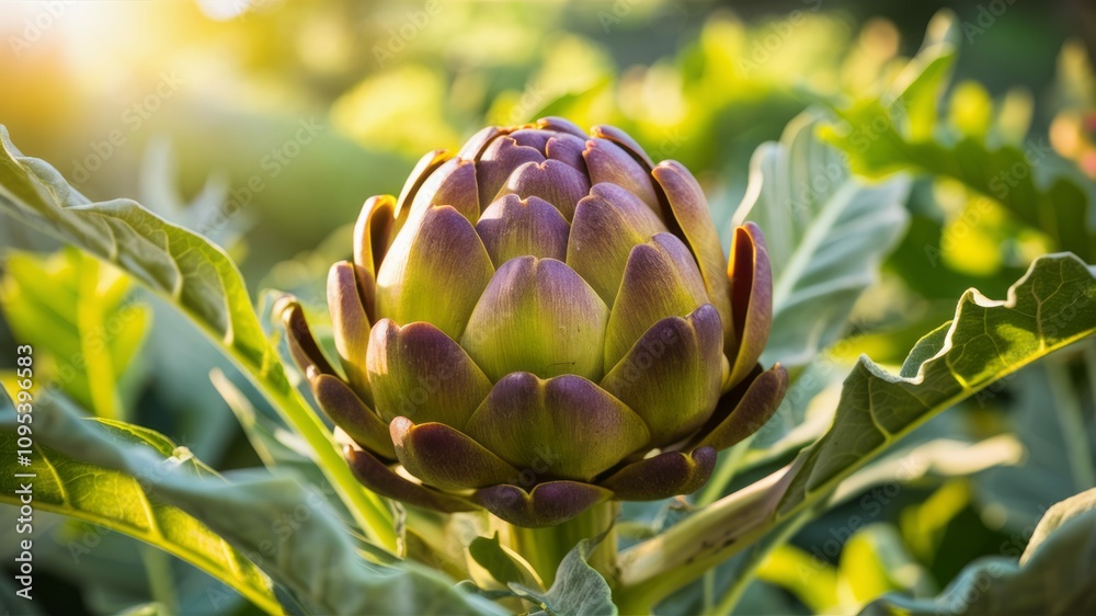 Fototapeta premium Artichoke in the Sun: A close-up shot of a vibrant artichoke, bathed in warm sunlight, showcasing its intricate details and delicate texture. The green leaves frame the bud.