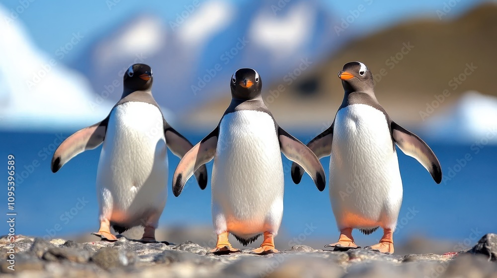 Fototapeta premium A lineup of three penguins strides purposefully across a rocky beach, their determined march framed by the sharp, icy backdrop of Antarctic waters and peaks.