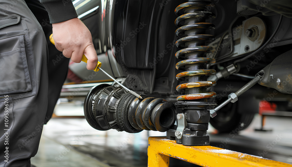 Fototapeta premium Closeup hand man with screwdriver changing tire and maintaining a car shock absorbers at garage