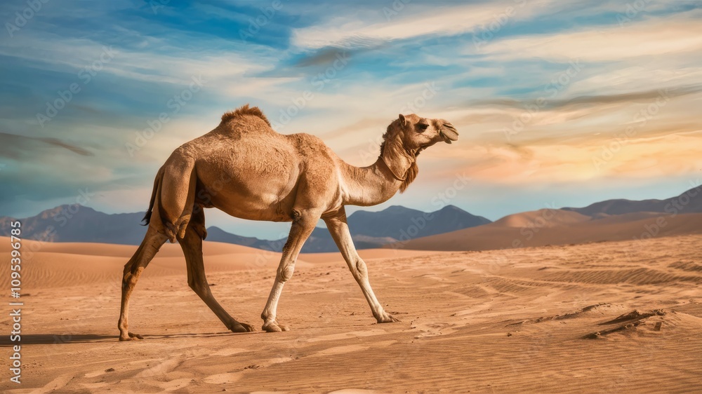 Camel Trekking Across the Desert at Sunset Camel Trekking Across the Desert at Sunset