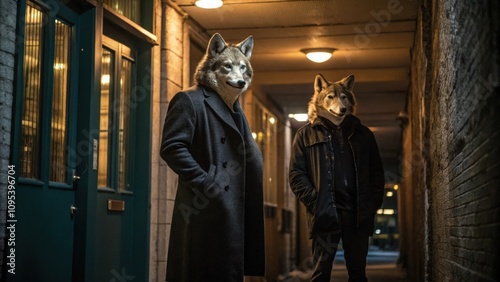 A pair of tall majestic wolfmasked figures stand guard at the alleys entrance their piercing gazes scanning the surroundings for intruders.