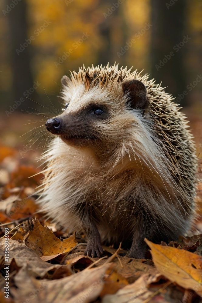 Fototapeta premium Brown and white hedgehog is standing on a pile of leaves