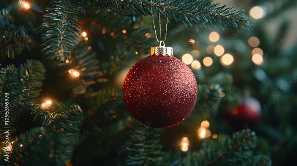 Festive Red Ornament Close-Up on Christmas Tree Festive Red Ornament Close-Up on Christmas Tree