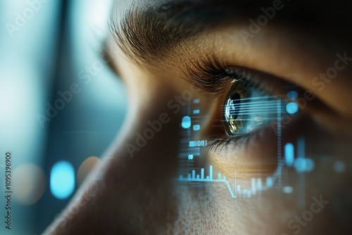 A close-up of an eye with a digital interface overlay reflecting graphs and data, symbolizing vision, insight, and the future of human interaction with technology.