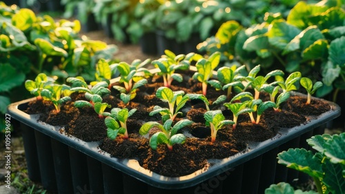 New Life: A close-up view of a seedling tray, showcasing delicate green shoots emerging from rich soil, symbolizing growth, new beginnings, and the promise of a bountiful harvest.  photo